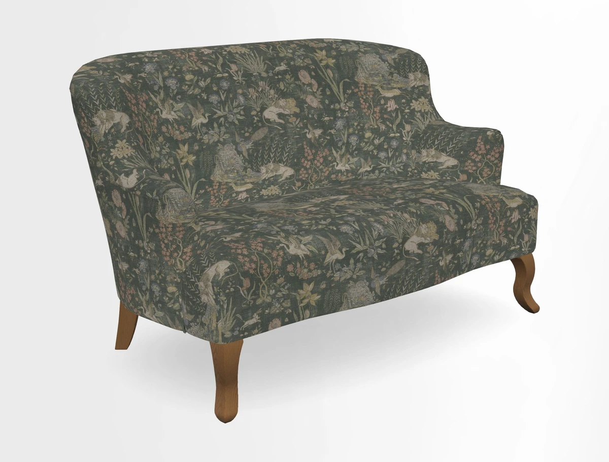 Grassington 3 Seater Sofa in RHS Botanicals on Velvet Ferns Toile Olive with scatter in Almost Plain Velvet Harvest