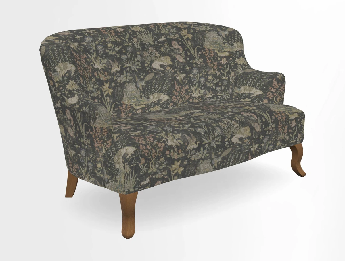 Grassington 3 Seater Sofa in RHS Botanicals on Velvet Ferns Toile Olive with scatter in Almost Plain Velvet Harvest