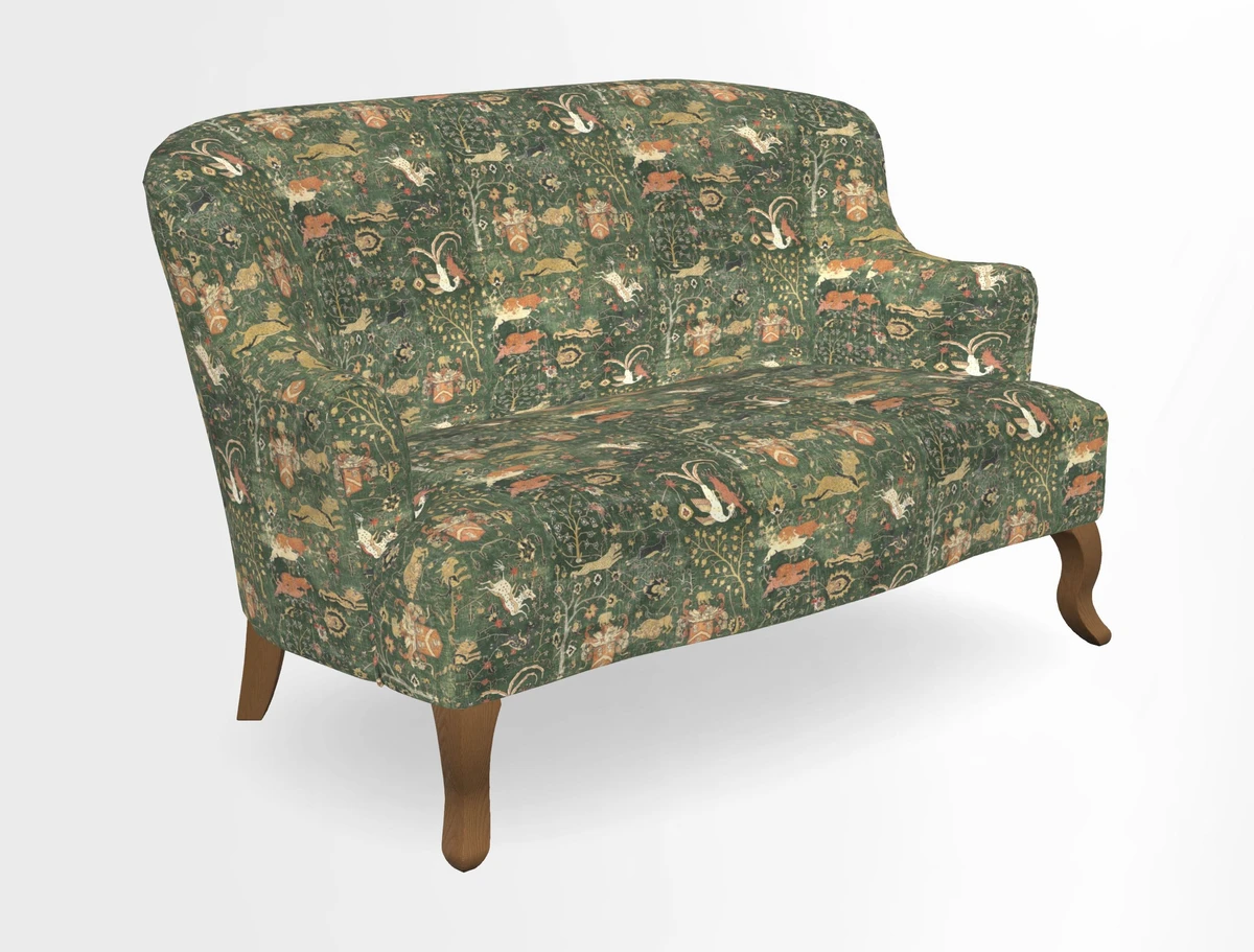 Grassington 3 Seater Sofa in RHS Botanicals on Velvet Ferns Toile Olive with scatter in Almost Plain Velvet Harvest