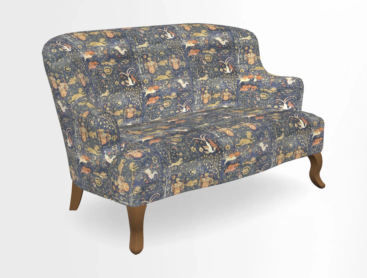 Grassington 3 Seater Sofa in RHS Botanicals on Velvet Ferns Toile Olive with scatter in Almost Plain Velvet Harvest