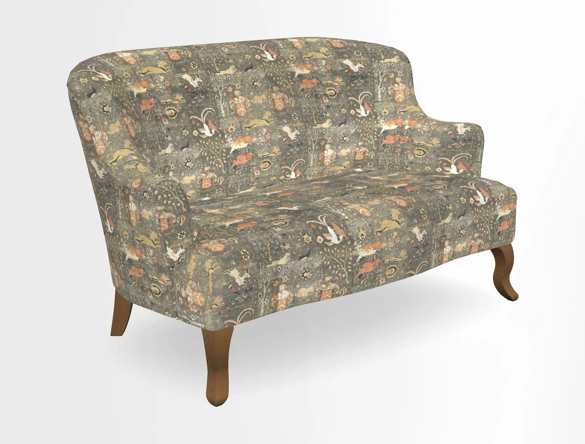 Grassington 3 Seater Sofa in RHS Botanicals on Velvet Ferns Toile Olive with scatter in Almost Plain Velvet Harvest