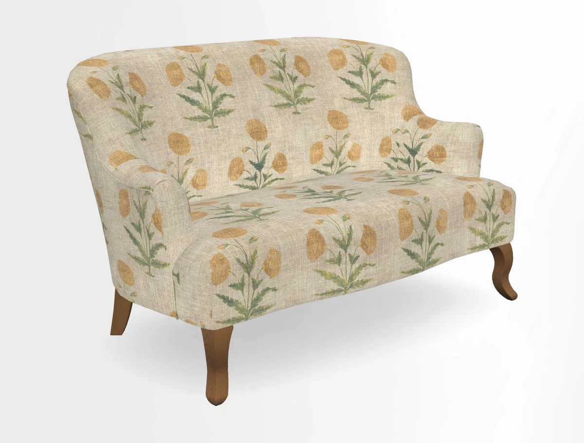 Grassington 3 Seater Sofa in RHS Botanicals on Velvet Ferns Toile Olive with scatter in Almost Plain Velvet Harvest