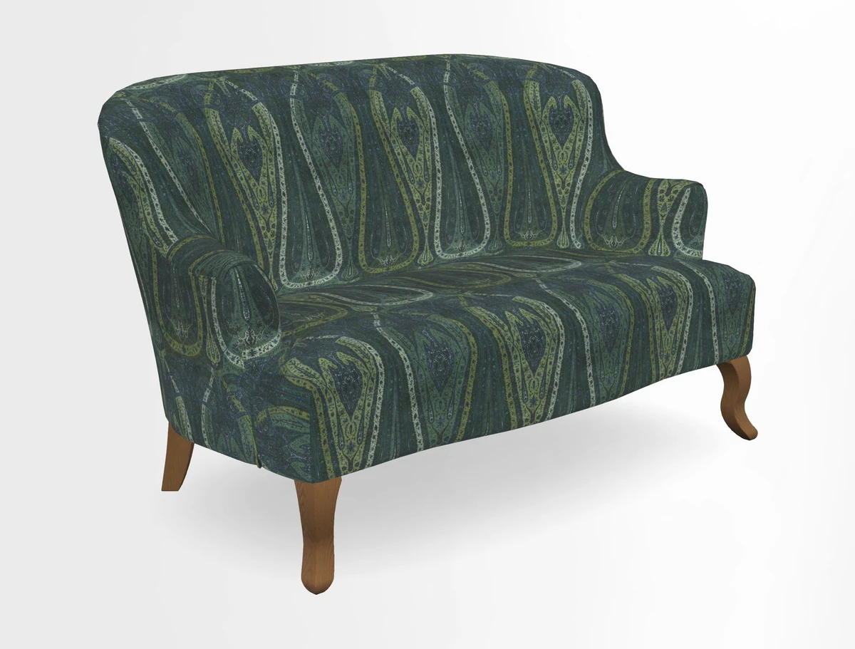 Grassington 3 Seater Sofa in RHS Botanicals on Velvet Ferns Toile Olive with scatter in Almost Plain Velvet Harvest