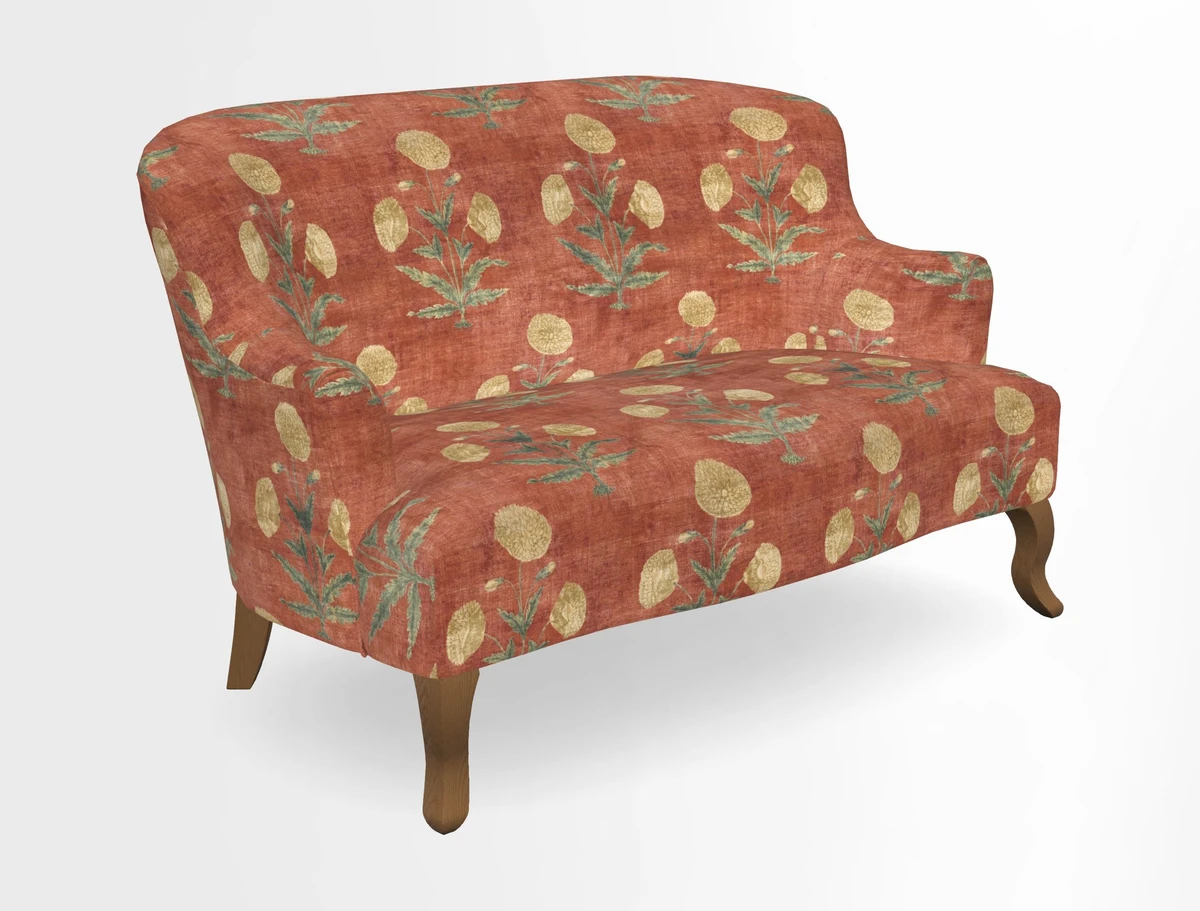 Grassington 3 Seater Sofa in RHS Botanicals on Velvet Ferns Toile Olive with scatter in Almost Plain Velvet Harvest