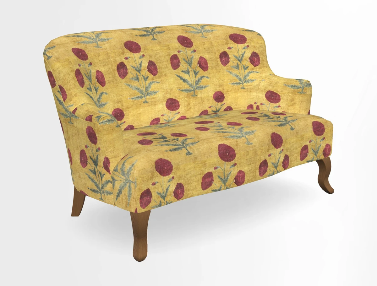 Grassington 3 Seater Sofa in RHS Botanicals on Velvet Ferns Toile Olive with scatter in Almost Plain Velvet Harvest