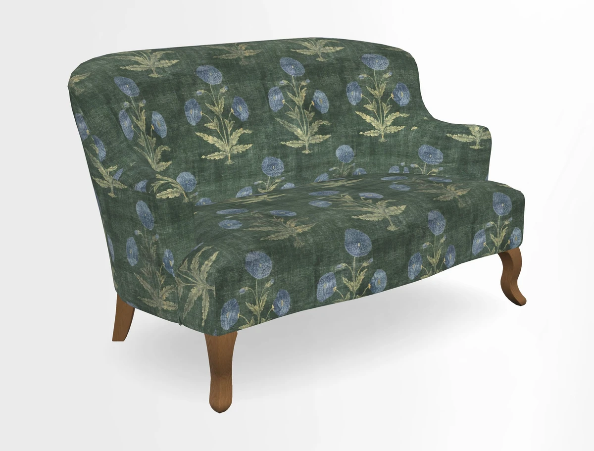 Grassington 3 Seater Sofa in RHS Botanicals on Velvet Ferns Toile Olive with scatter in Almost Plain Velvet Harvest