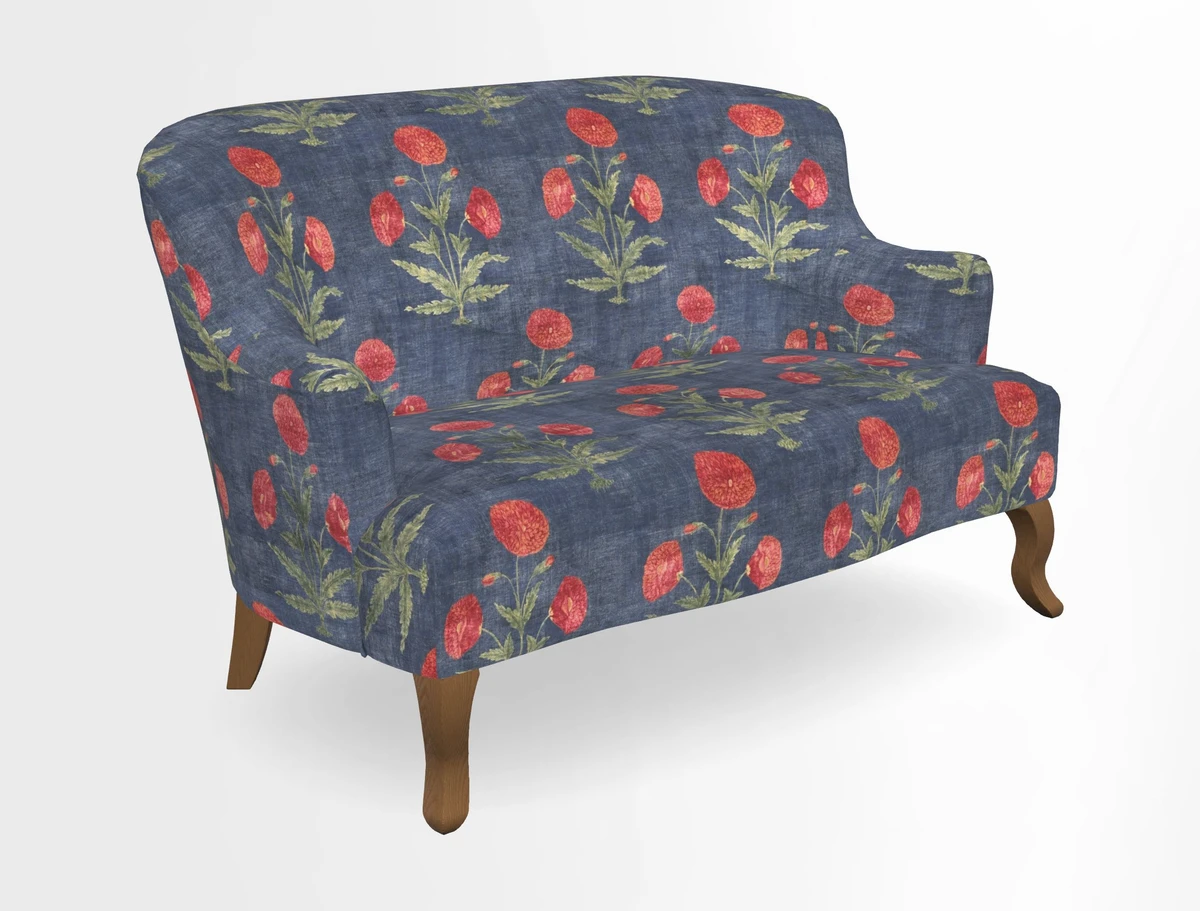 Grassington 3 Seater Sofa in RHS Botanicals on Velvet Ferns Toile Olive with scatter in Almost Plain Velvet Harvest