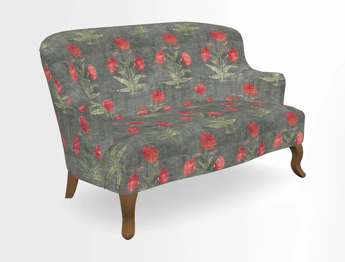 Grassington 3 Seater Sofa in RHS Botanicals on Velvet Ferns Toile Olive with scatter in Almost Plain Velvet Harvest