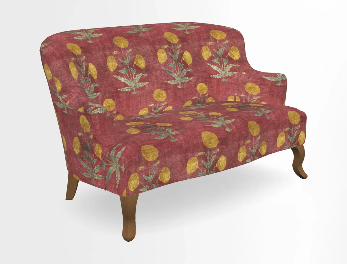 Grassington 3 Seater Sofa in RHS Botanicals on Velvet Ferns Toile Olive with scatter in Almost Plain Velvet Harvest