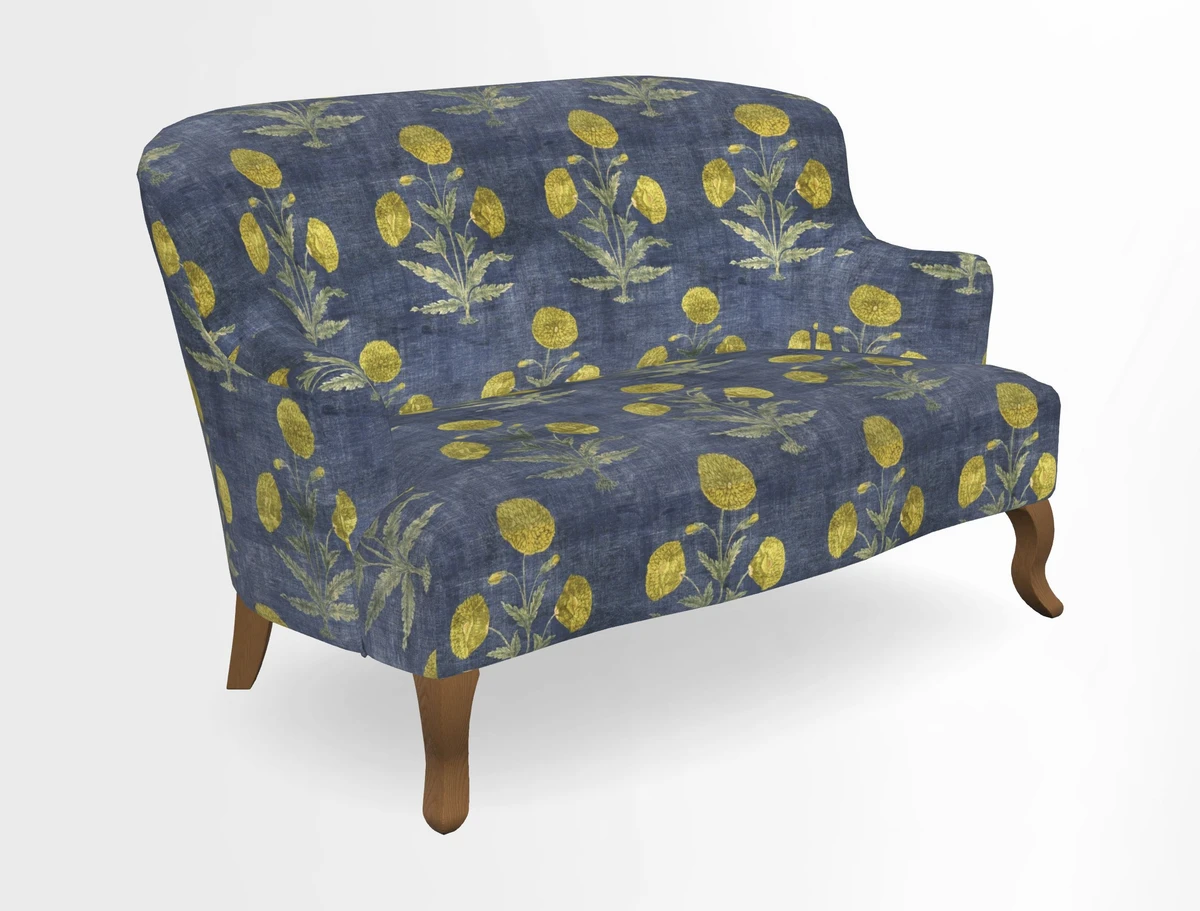 Grassington 3 Seater Sofa in RHS Botanicals on Velvet Ferns Toile Olive with scatter in Almost Plain Velvet Harvest