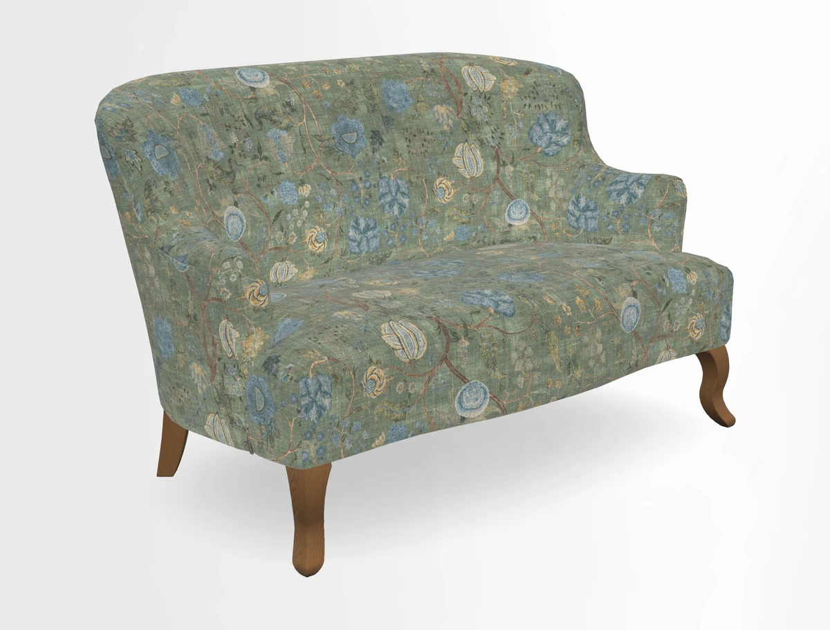 Grassington 3 Seater Sofa in RHS Botanicals on Velvet Ferns Toile Olive with scatter in Almost Plain Velvet Harvest