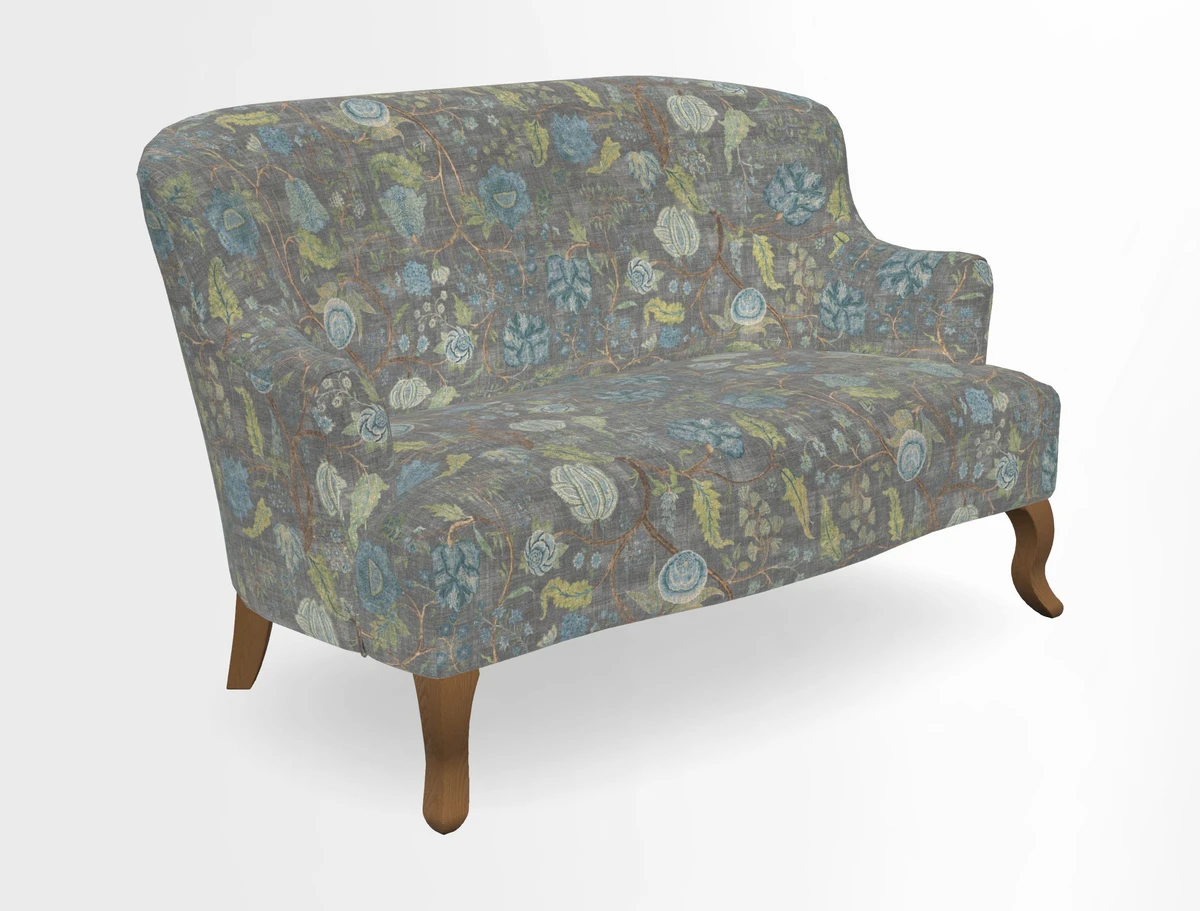 Grassington 3 Seater Sofa in RHS Botanicals on Velvet Ferns Toile Olive with scatter in Almost Plain Velvet Harvest