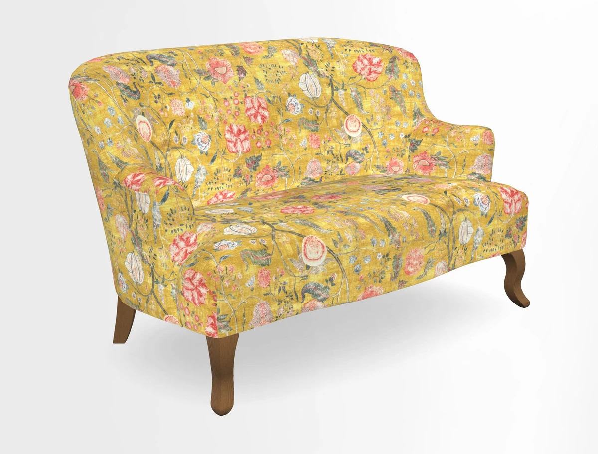 Grassington 3 Seater Sofa in RHS Botanicals on Velvet Ferns Toile Olive with scatter in Almost Plain Velvet Harvest