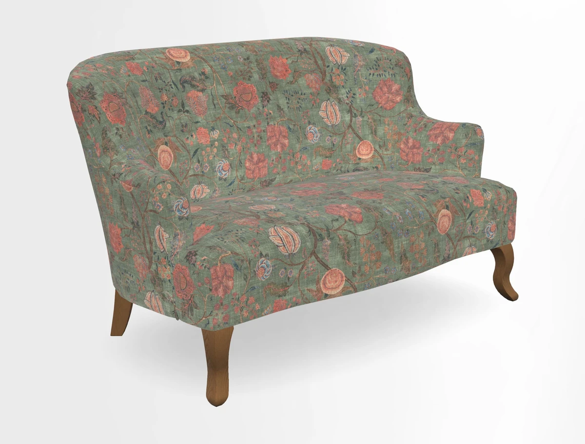 Grassington 3 Seater Sofa in RHS Botanicals on Velvet Ferns Toile Olive with scatter in Almost Plain Velvet Harvest
