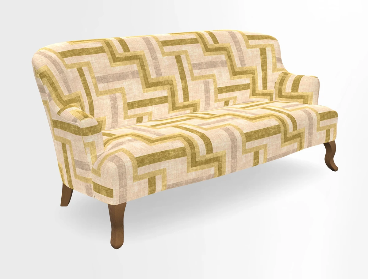 Grassington 3 Seater Sofa in RHS Botanicals on Velvet Ferns Toile Olive with scatter in Almost Plain Velvet Harvest