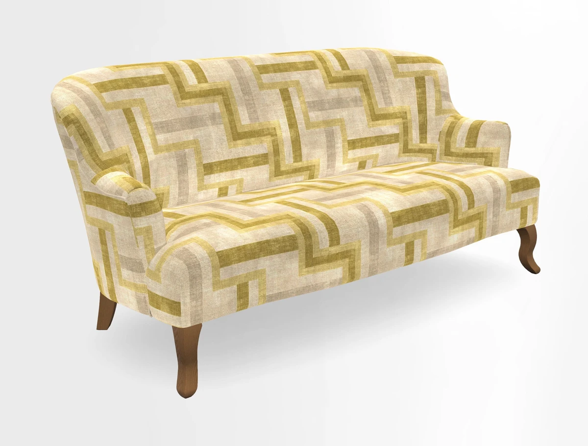Grassington 3 Seater Sofa in RHS Botanicals on Velvet Ferns Toile Olive with scatter in Almost Plain Velvet Harvest