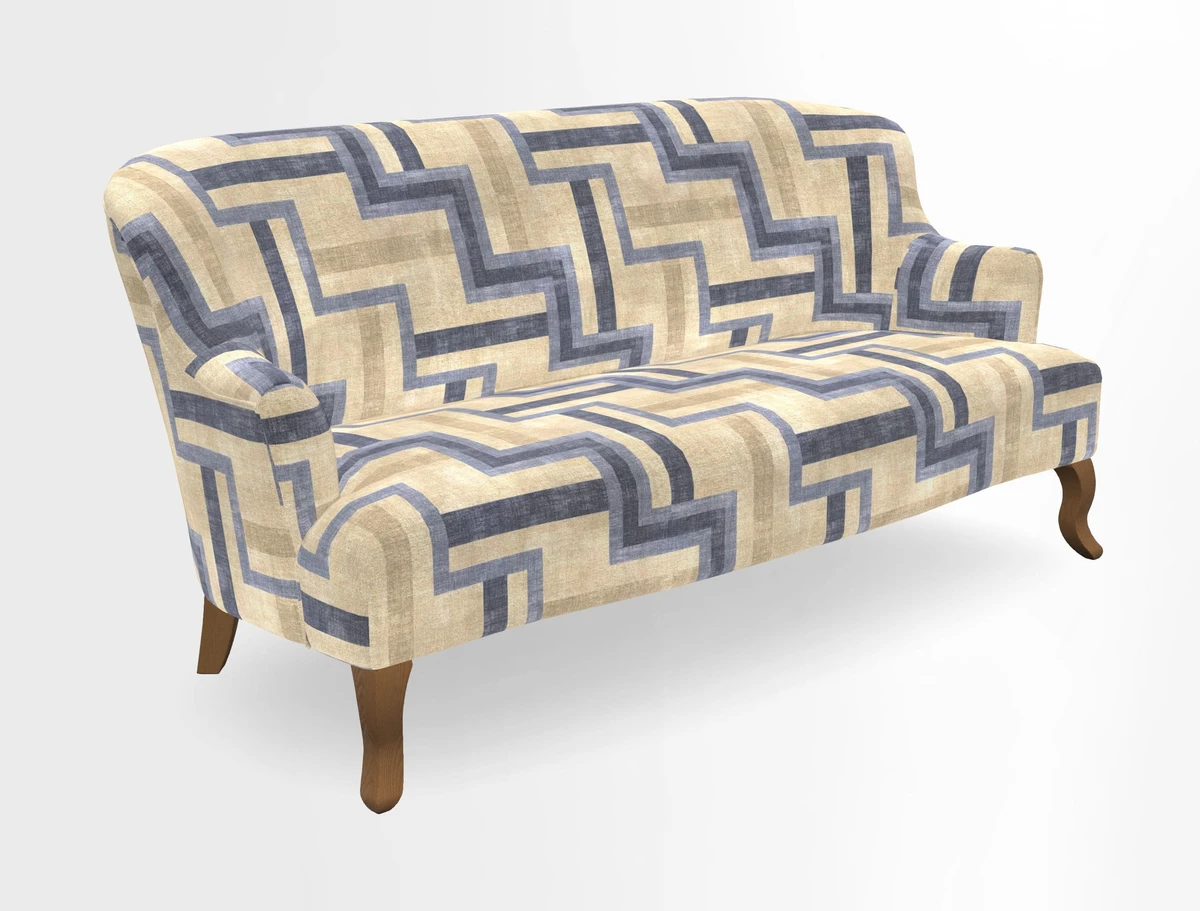 Grassington 3 Seater Sofa in RHS Botanicals on Velvet Ferns Toile Olive with scatter in Almost Plain Velvet Harvest