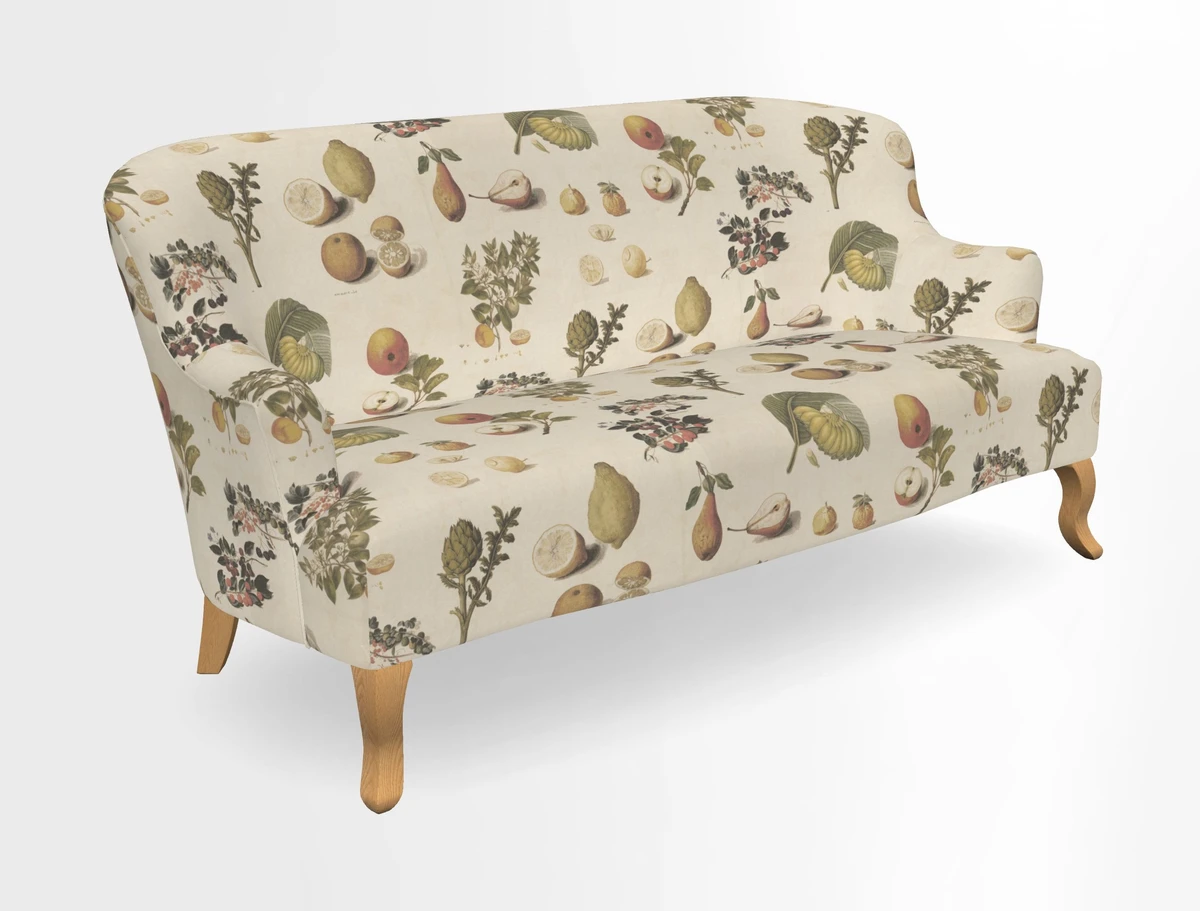 Grassington 3 Seater Sofa in RHS Botanicals on Velvet Ferns Toile Olive with scatter in Almost Plain Velvet Harvest