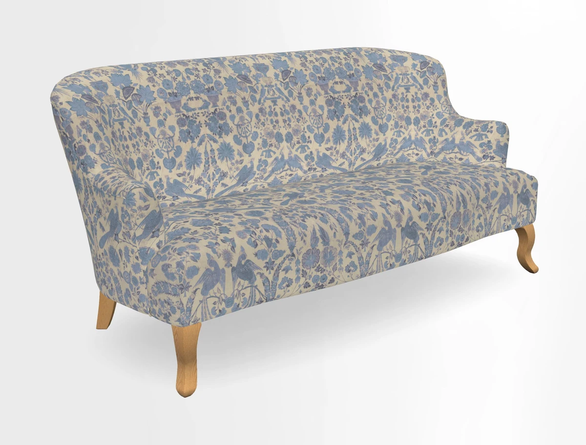 Grassington 3 Seater Sofa in RHS Botanicals on Velvet Ferns Toile Olive with scatter in Almost Plain Velvet Harvest