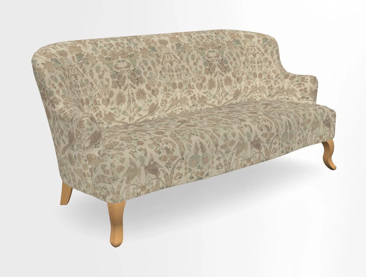 Grassington 3 Seater Sofa in RHS Botanicals on Velvet Ferns Toile Olive with scatter in Almost Plain Velvet Harvest