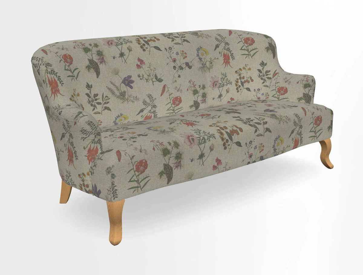 Grassington 3 Seater Sofa in RHS Botanicals on Velvet Ferns Toile Olive with scatter in Almost Plain Velvet Harvest