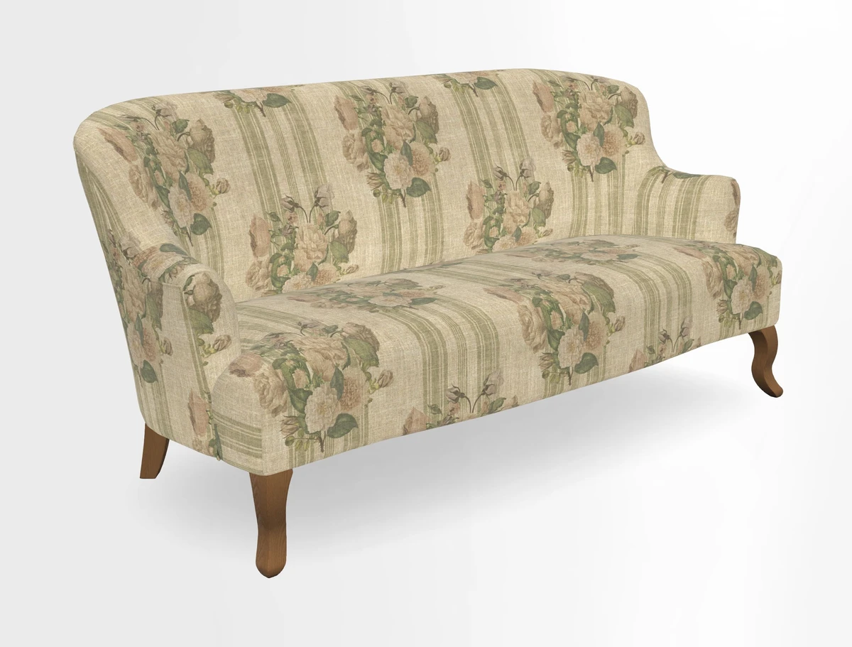Grassington 3 Seater Sofa in RHS Botanicals on Velvet Ferns Toile Olive with scatter in Almost Plain Velvet Harvest