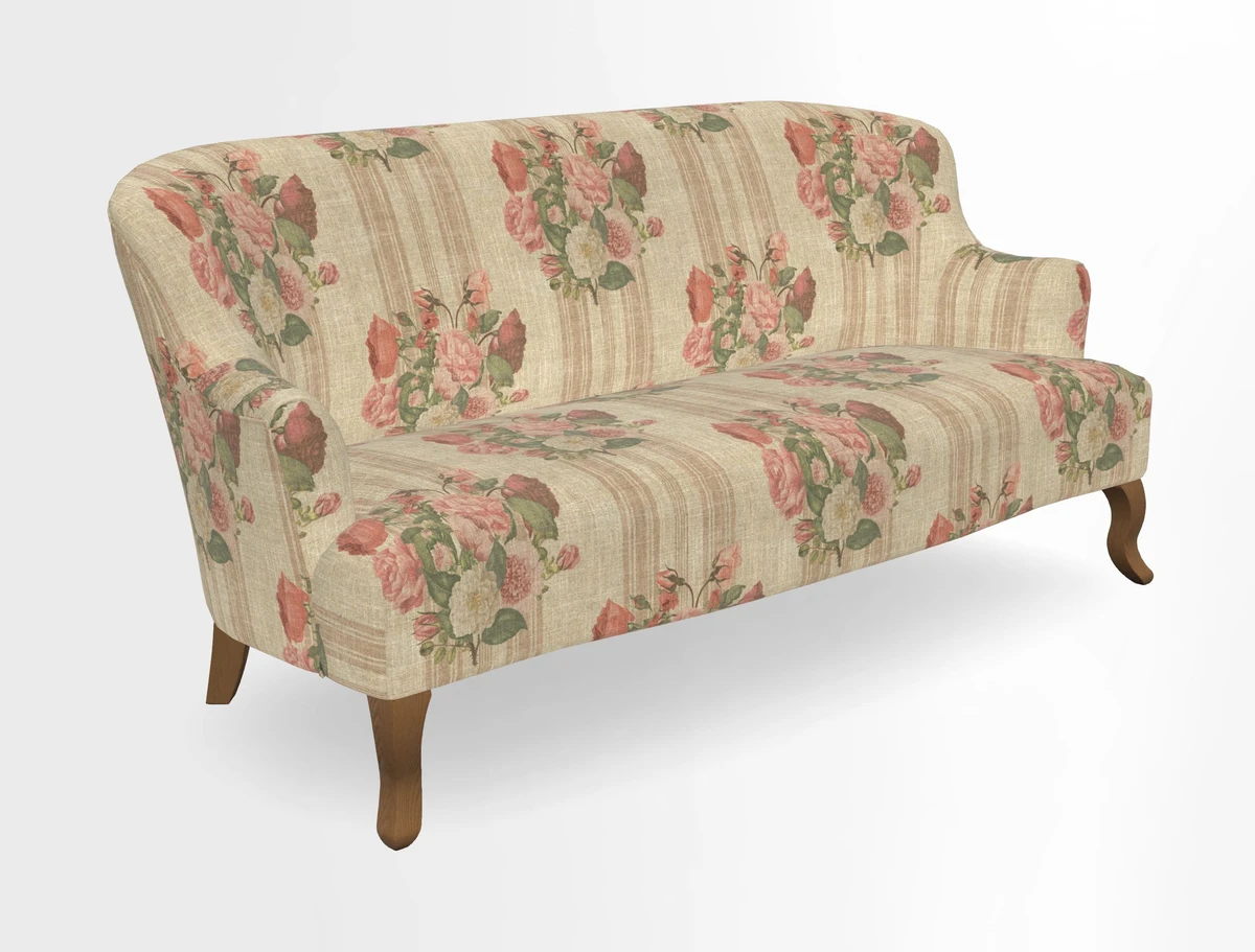 Grassington 3 Seater Sofa in RHS Botanicals on Velvet Ferns Toile Olive with scatter in Almost Plain Velvet Harvest