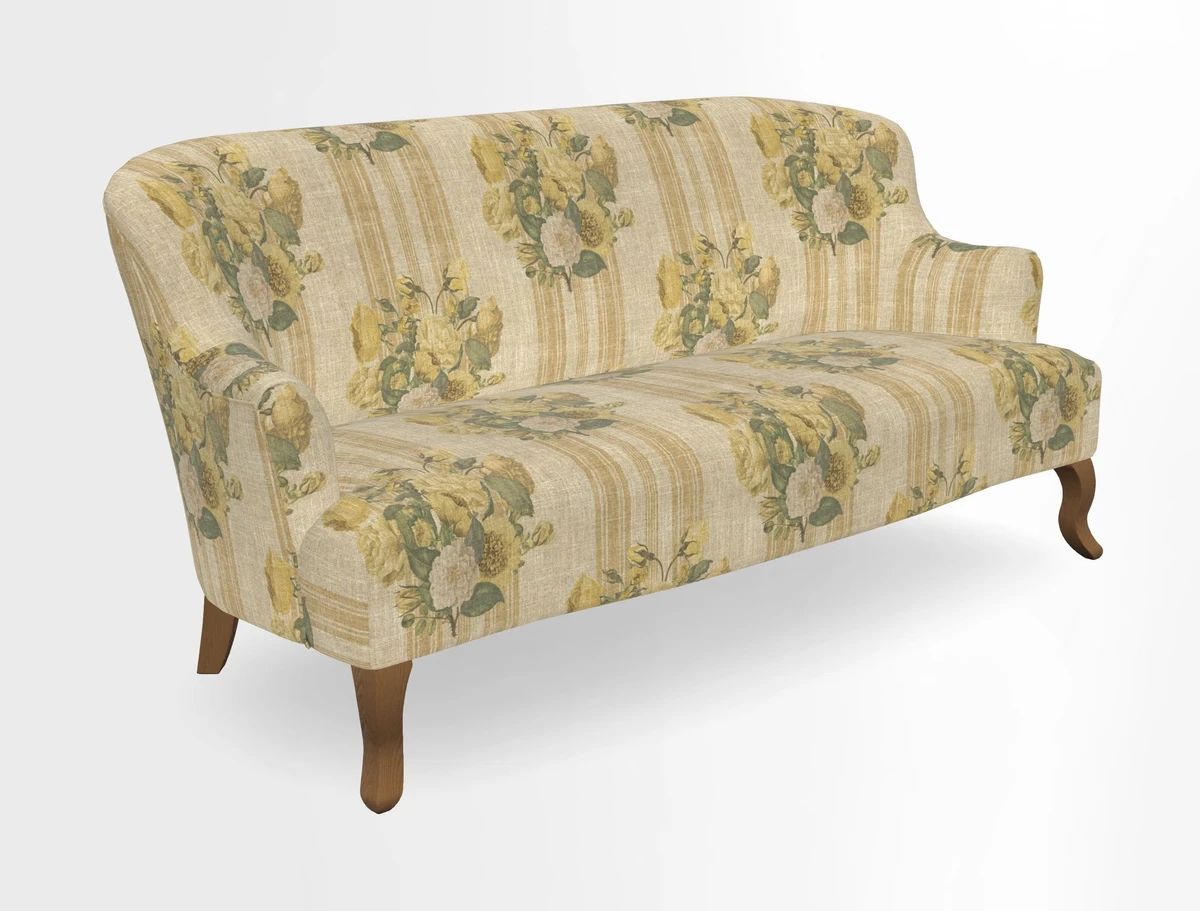 Grassington 3 Seater Sofa in RHS Botanicals on Velvet Ferns Toile Olive with scatter in Almost Plain Velvet Harvest
