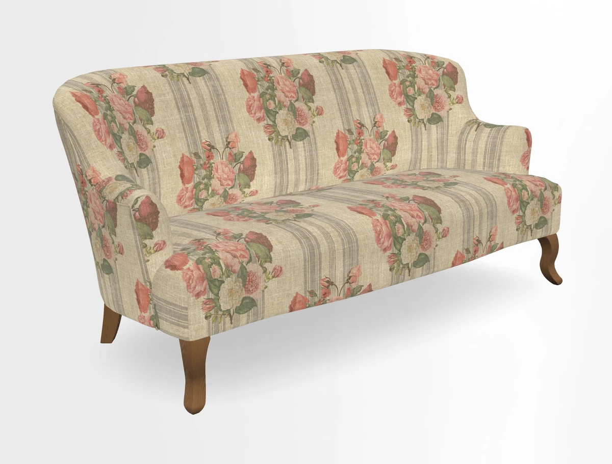 Grassington 3 Seater Sofa in RHS Botanicals on Velvet Ferns Toile Olive with scatter in Almost Plain Velvet Harvest