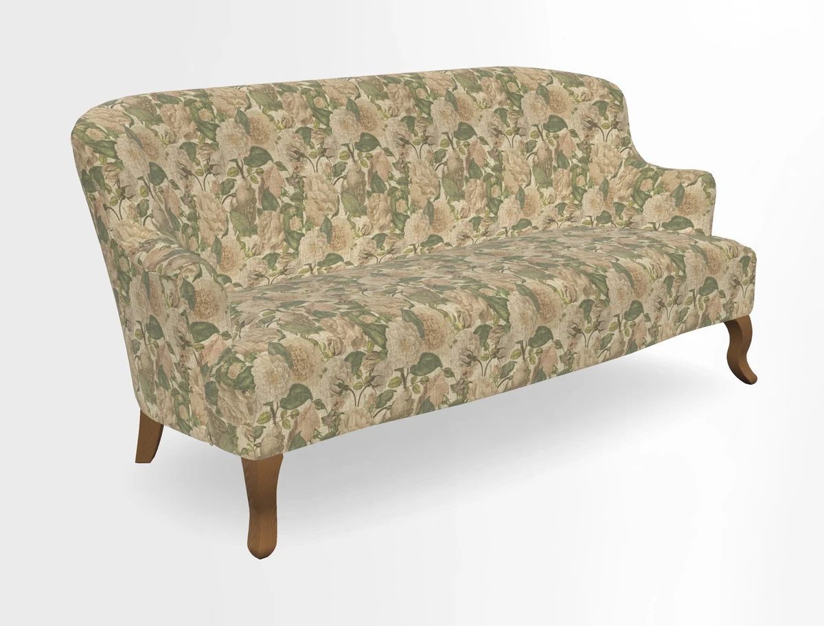 Grassington 3 Seater Sofa in RHS Botanicals on Velvet Ferns Toile Olive with scatter in Almost Plain Velvet Harvest