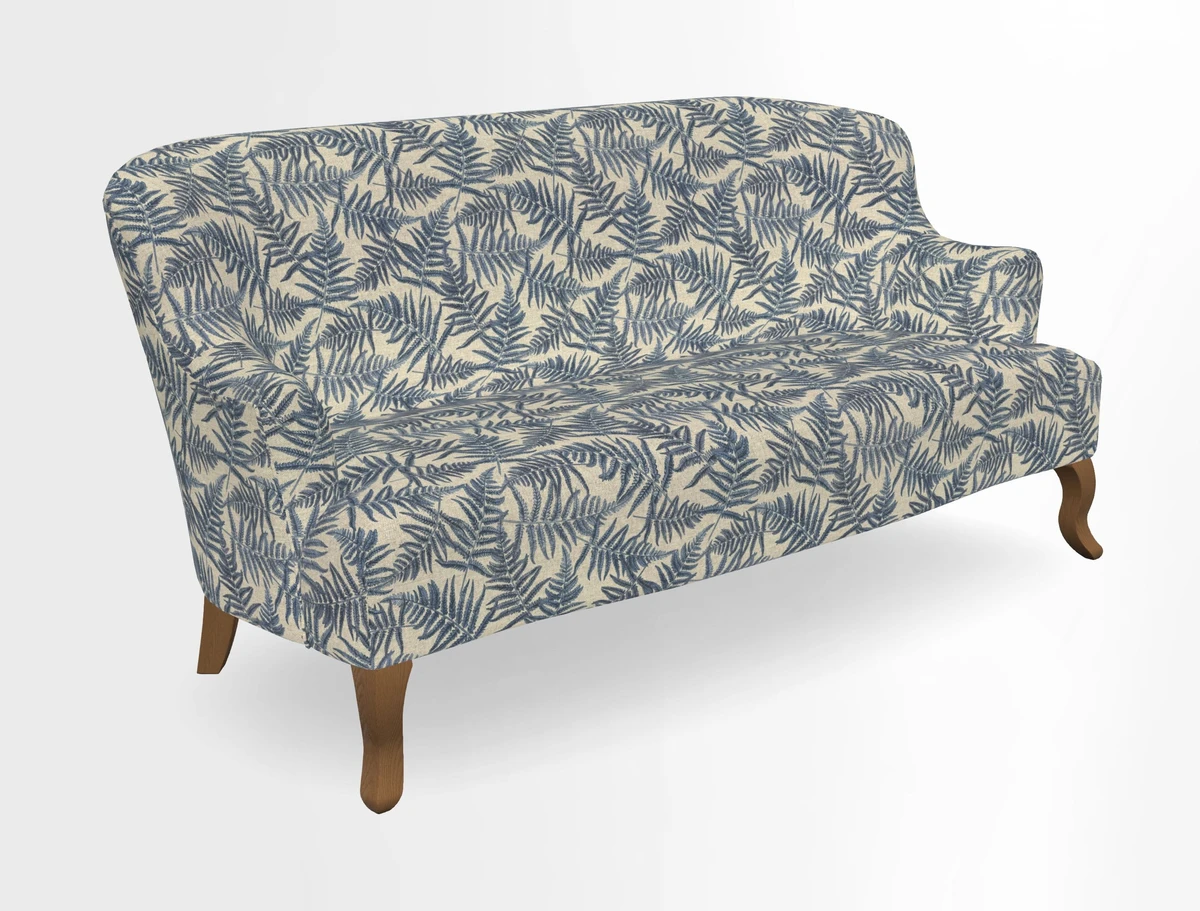 Grassington 3 Seater Sofa in RHS Botanicals on Velvet Ferns Toile Olive with scatter in Almost Plain Velvet Harvest