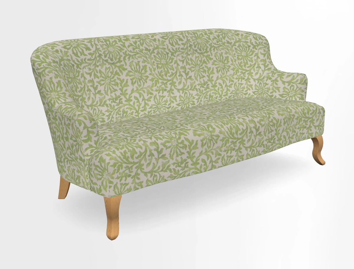Grassington 3 Seater Sofa in RHS Botanicals on Velvet Ferns Toile Olive with scatter in Almost Plain Velvet Harvest