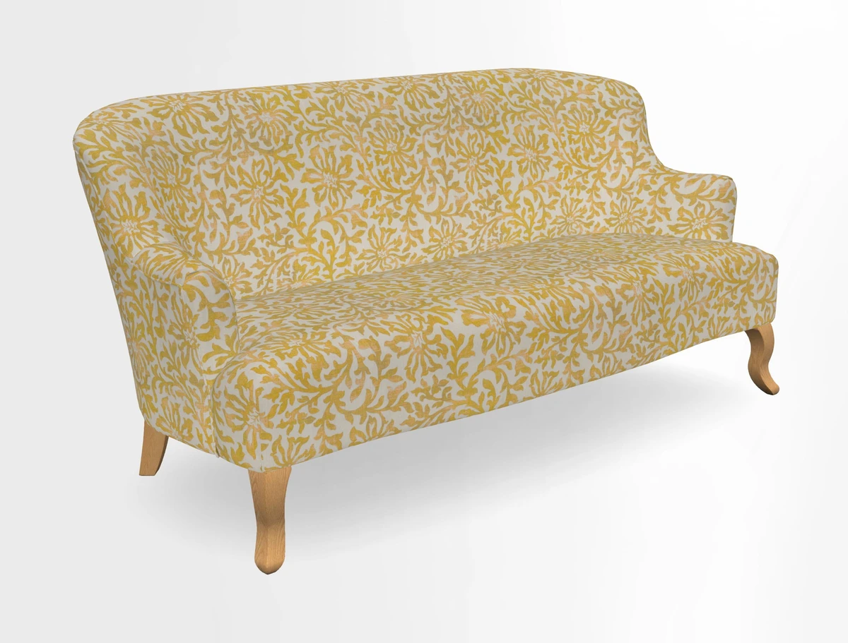 Grassington 3 Seater Sofa in RHS Botanicals on Velvet Ferns Toile Olive with scatter in Almost Plain Velvet Harvest