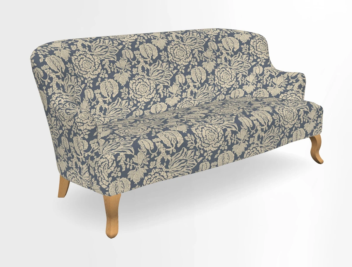 Grassington 3 Seater Sofa in RHS Botanicals on Velvet Ferns Toile Olive with scatter in Almost Plain Velvet Harvest