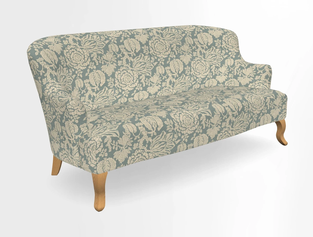 Grassington 3 Seater Sofa in RHS Botanicals on Velvet Ferns Toile Olive with scatter in Almost Plain Velvet Harvest