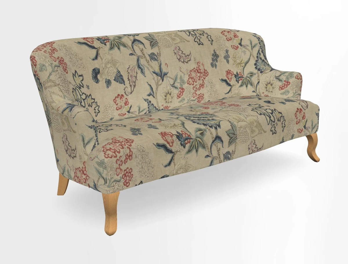 Grassington 3 Seater Sofa in RHS Botanicals on Velvet Ferns Toile Olive with scatter in Almost Plain Velvet Harvest