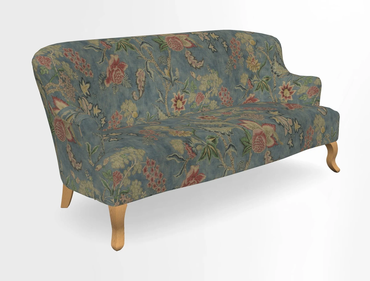 Grassington 3 Seater Sofa in RHS Botanicals on Velvet Ferns Toile Olive with scatter in Almost Plain Velvet Harvest