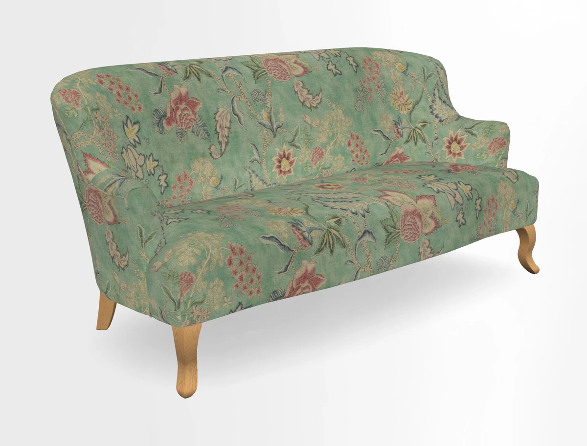 Grassington 3 Seater Sofa in RHS Botanicals on Velvet Ferns Toile Olive with scatter in Almost Plain Velvet Harvest