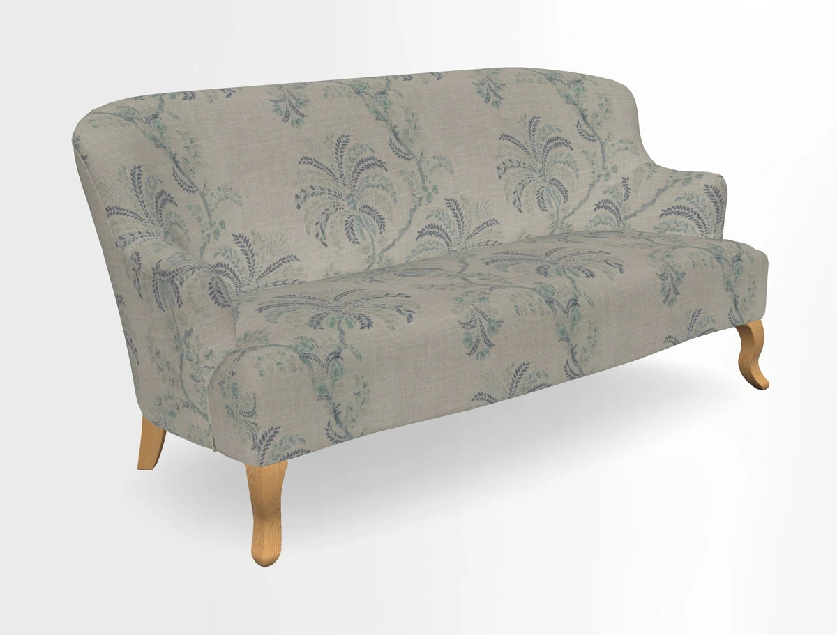 Grassington 3 Seater Sofa in RHS Botanicals on Velvet Ferns Toile Olive with scatter in Almost Plain Velvet Harvest