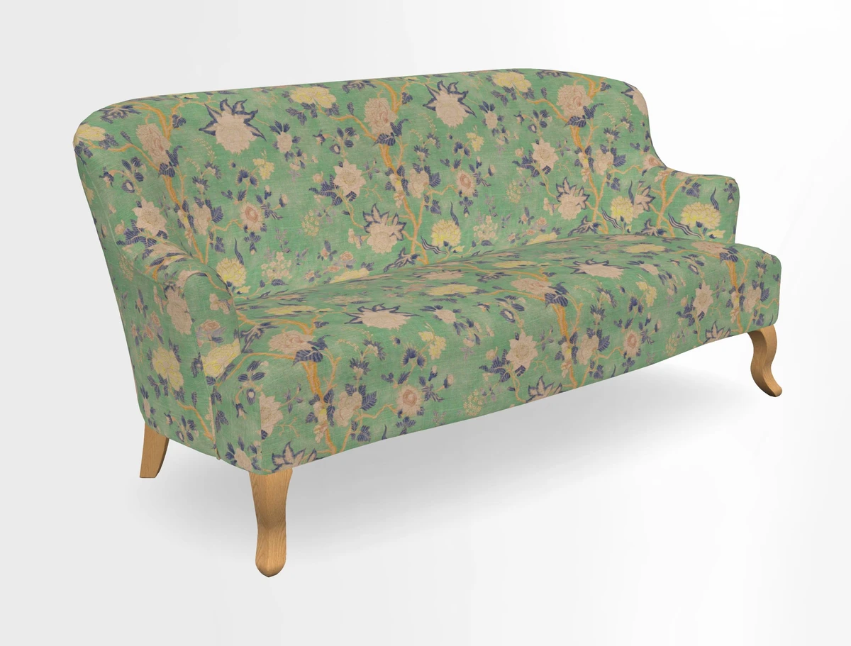 Grassington 3 Seater Sofa in RHS Botanicals on Velvet Ferns Toile Olive with scatter in Almost Plain Velvet Harvest