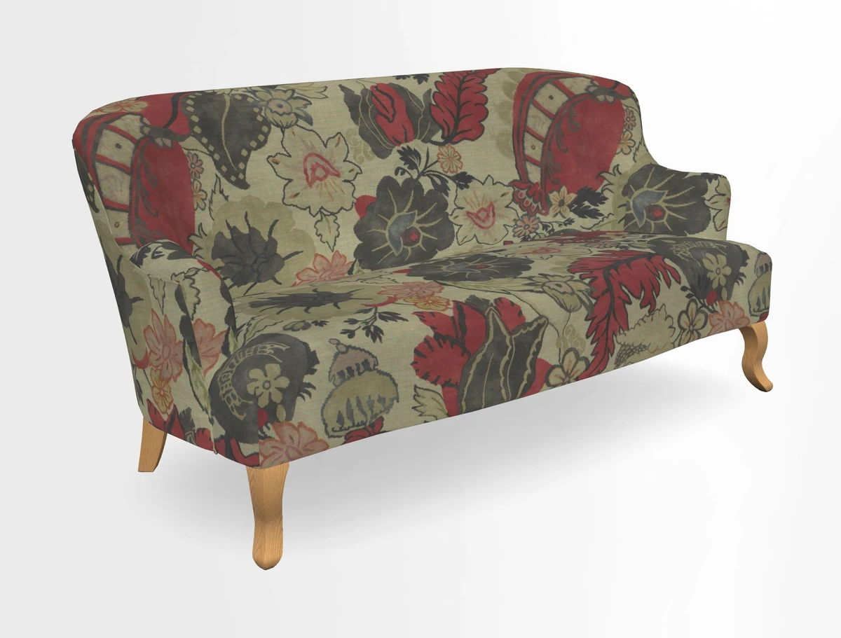 Grassington 3 Seater Sofa in RHS Botanicals on Velvet Ferns Toile Olive with scatter in Almost Plain Velvet Harvest