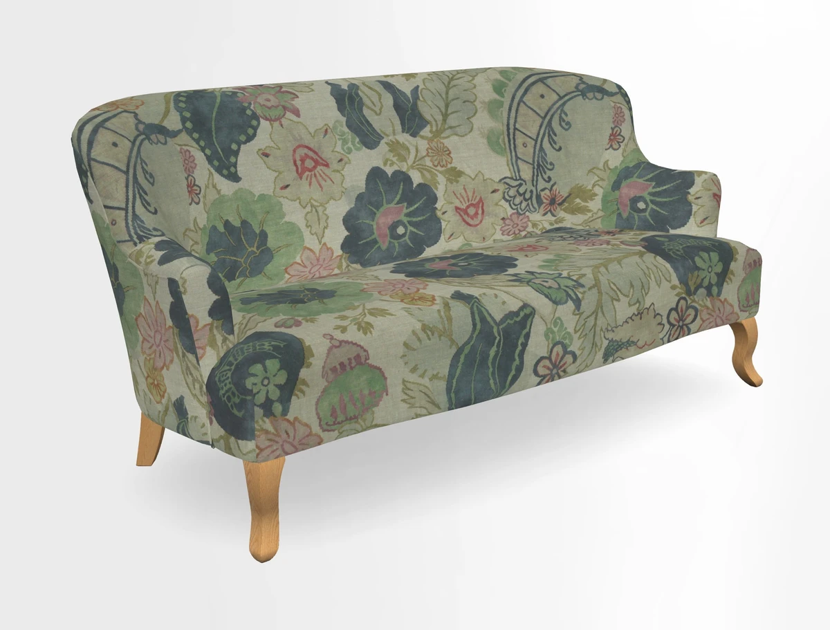 Grassington 3 Seater Sofa in RHS Botanicals on Velvet Ferns Toile Olive with scatter in Almost Plain Velvet Harvest