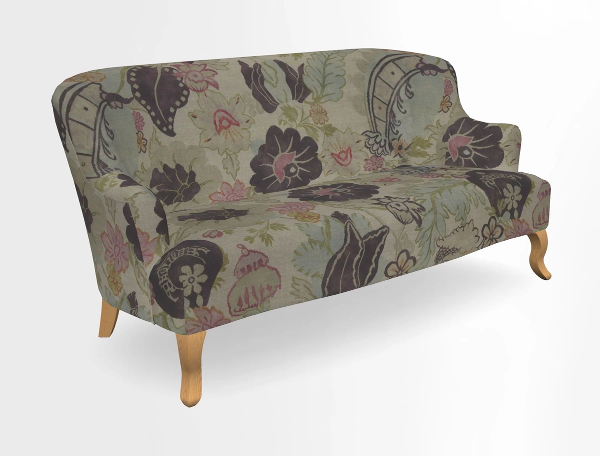 Grassington 3 Seater Sofa in RHS Botanicals on Velvet Ferns Toile Olive with scatter in Almost Plain Velvet Harvest