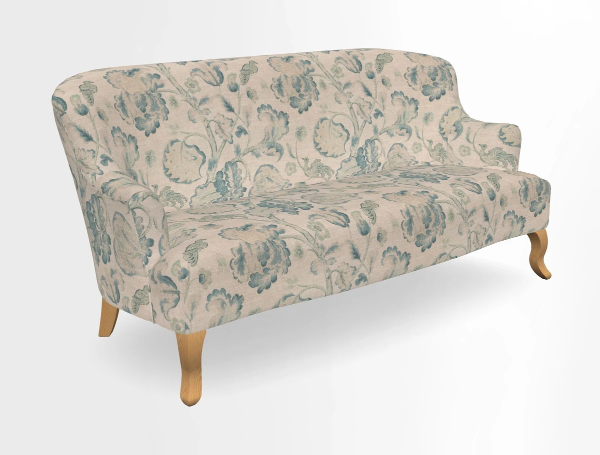 Grassington 3 Seater Sofa in RHS Botanicals on Velvet Ferns Toile Olive with scatter in Almost Plain Velvet Harvest