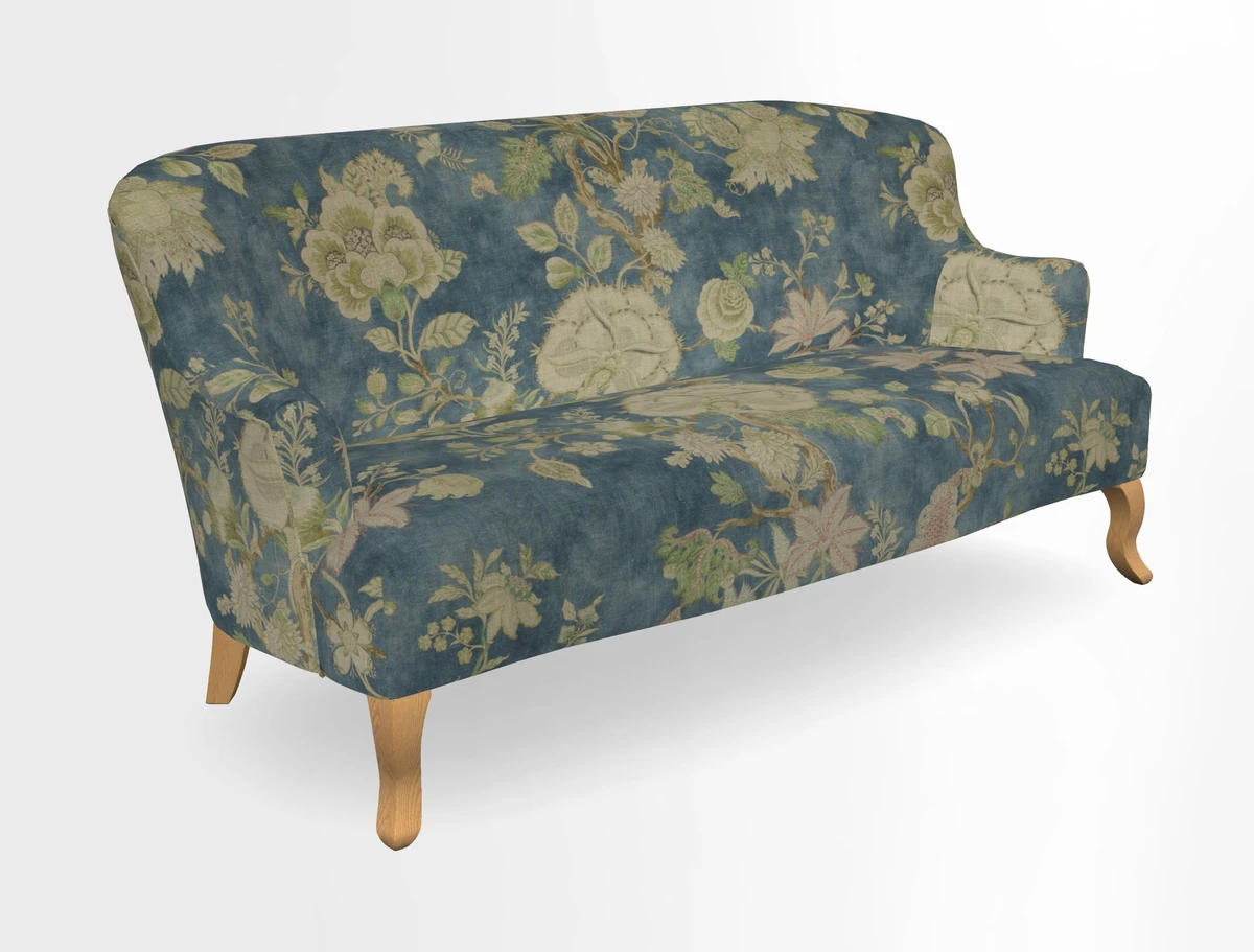 Grassington 3 Seater Sofa in RHS Botanicals on Velvet Ferns Toile Olive with scatter in Almost Plain Velvet Harvest