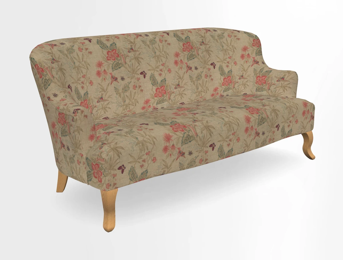 Grassington 3 Seater Sofa in RHS Botanicals on Velvet Ferns Toile Olive with scatter in Almost Plain Velvet Harvest
