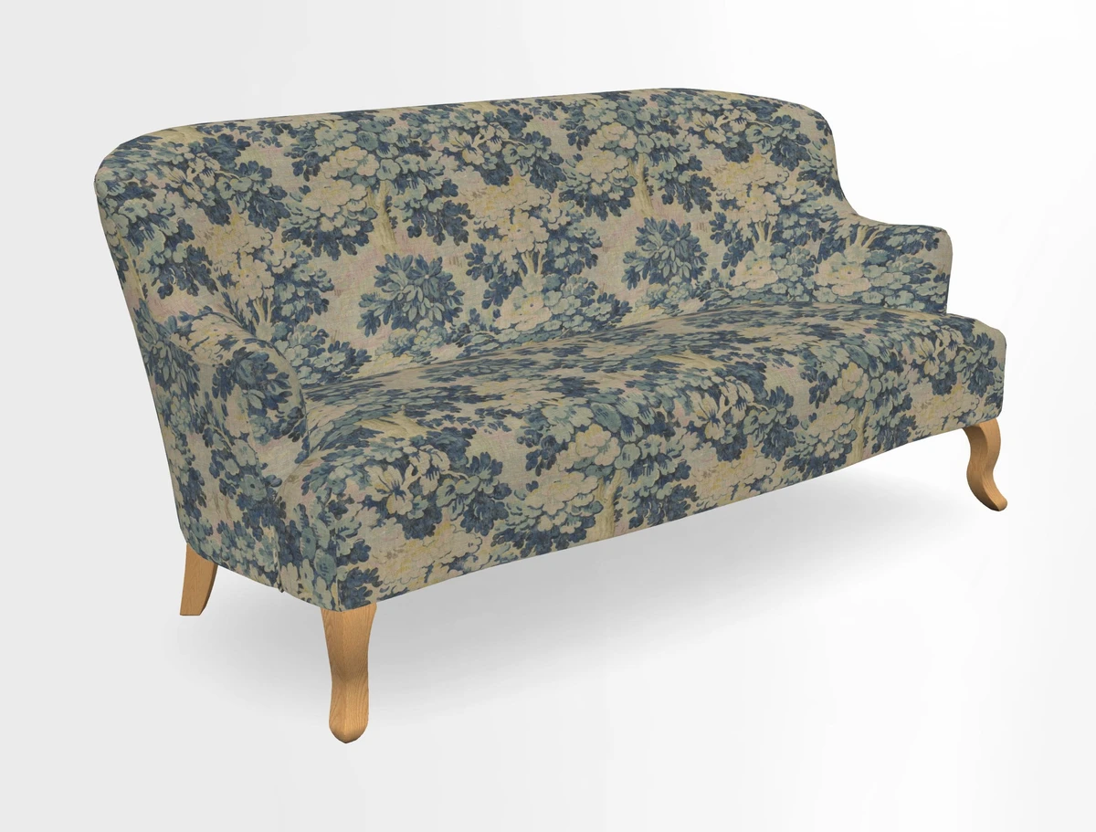 Grassington 3 Seater Sofa in RHS Botanicals on Velvet Ferns Toile Olive with scatter in Almost Plain Velvet Harvest