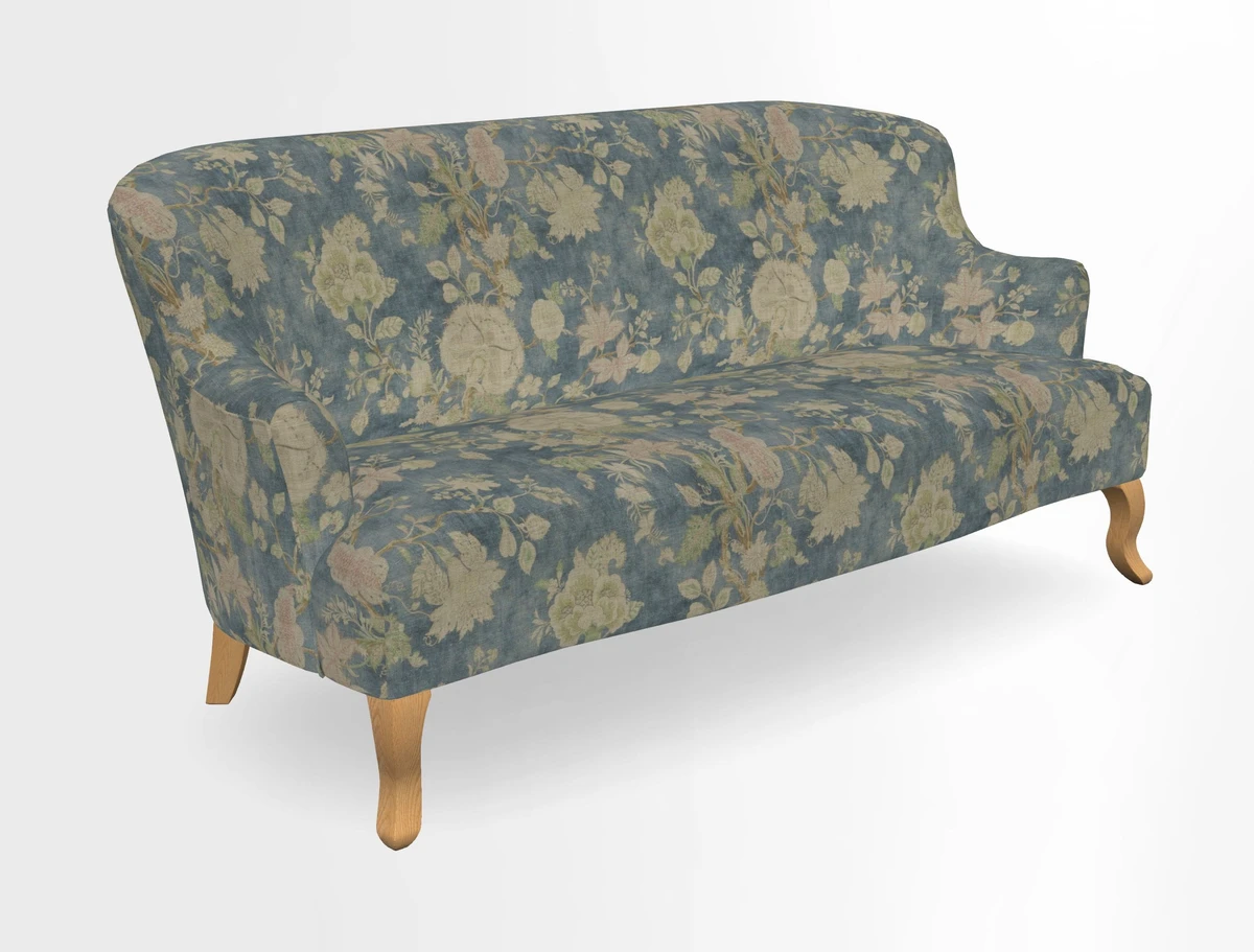 Grassington 3 Seater Sofa in RHS Botanicals on Velvet Ferns Toile Olive with scatter in Almost Plain Velvet Harvest