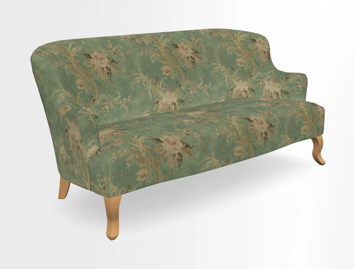 Grassington 3 Seater Sofa in RHS Botanicals on Velvet Ferns Toile Olive with scatter in Almost Plain Velvet Harvest