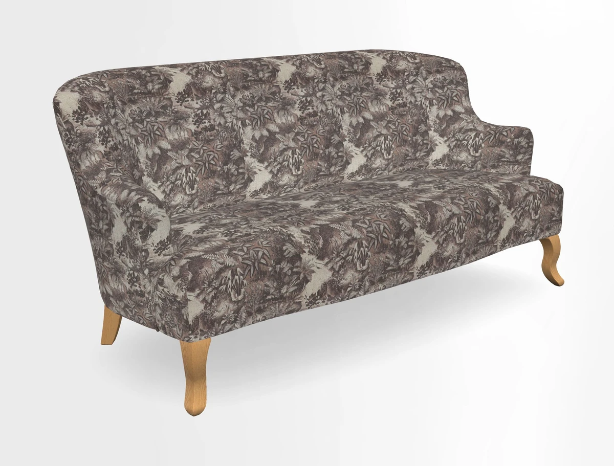 Grassington 3 Seater Sofa in RHS Botanicals on Velvet Ferns Toile Olive with scatter in Almost Plain Velvet Harvest